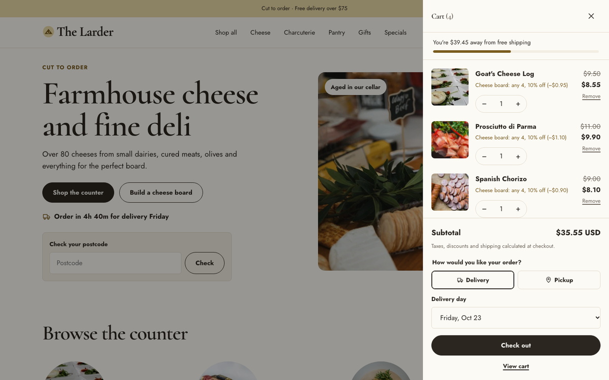 The Larder: cart with delivery or pickup and a delivery day
