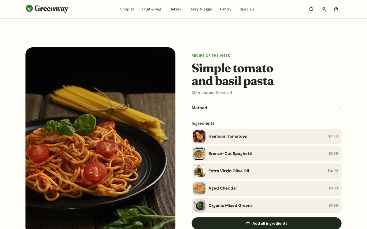 Shoppable recipe: add all ingredients in one click