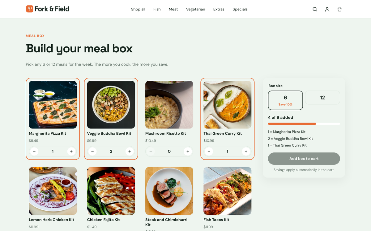 Fork & Field: build-a-box with progress bar