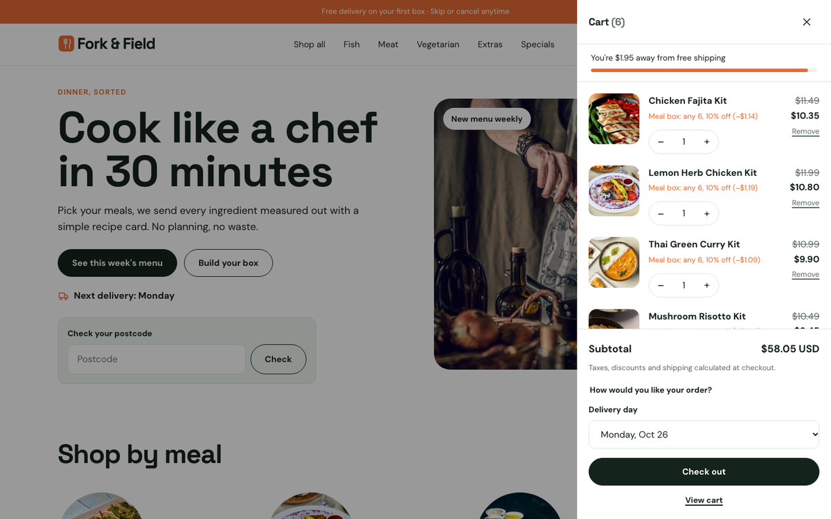 Fork & Field: cart with delivery or pickup and a delivery day