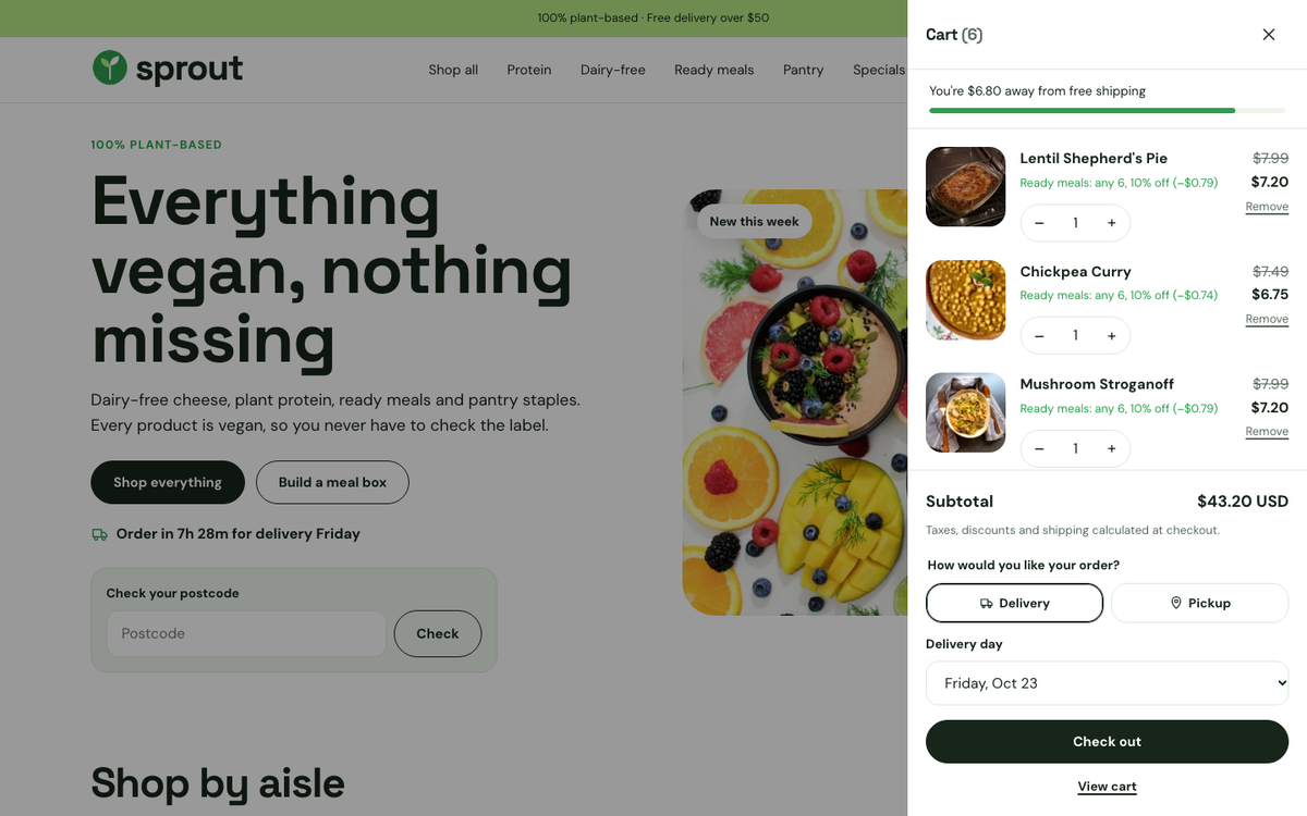 Sprout: cart with delivery or pickup and a delivery day