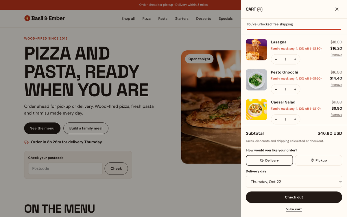 Basil & Ember: cart with delivery or pickup and a delivery day