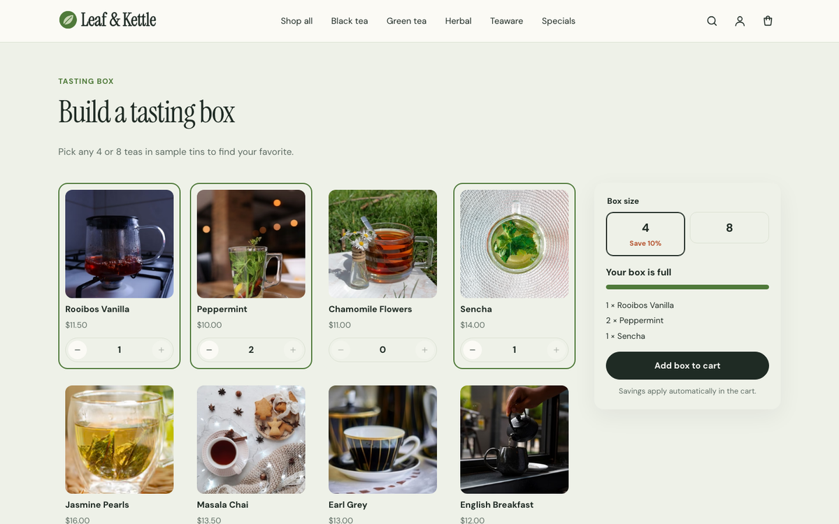 Leaf & Kettle: build-a-box with progress bar