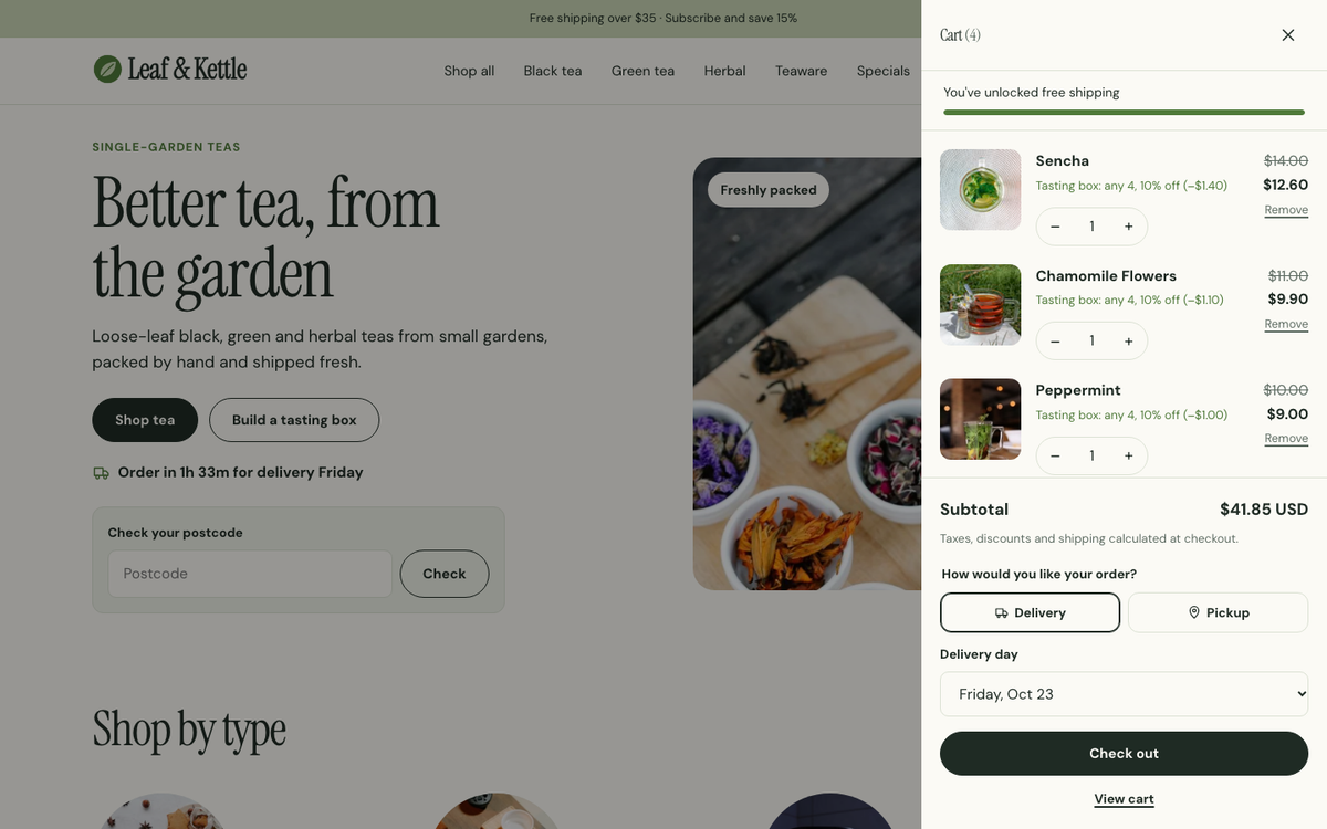 Leaf & Kettle: cart with delivery or pickup and a delivery day