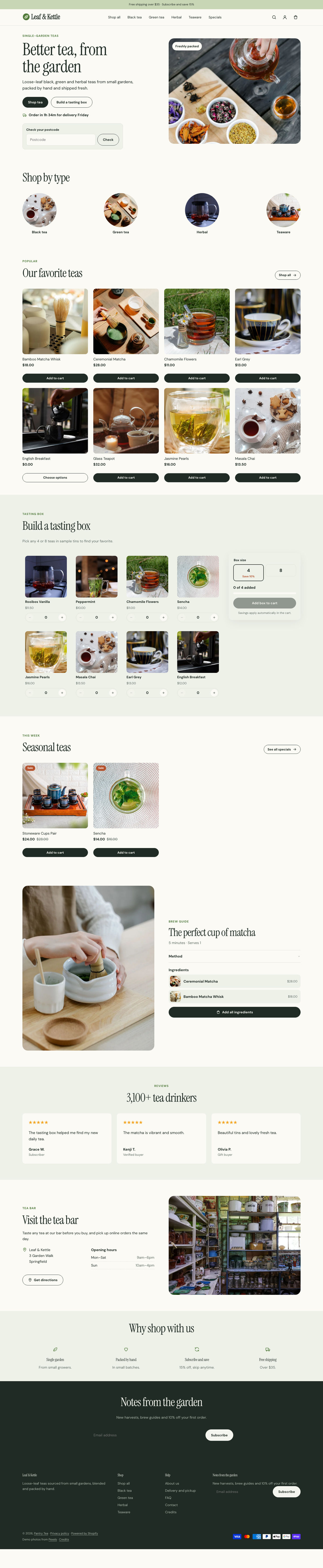 Leaf & Kettle: the full homepage, top to bottom
