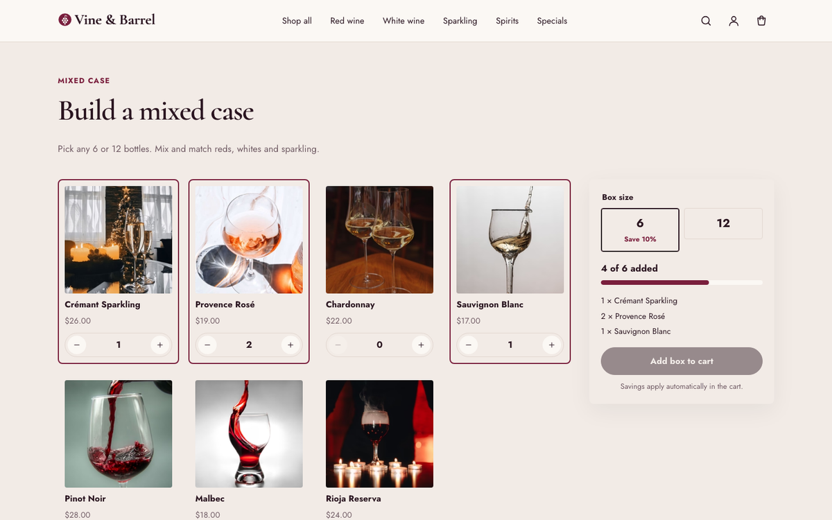 Vine & Barrel: build-a-box with progress bar