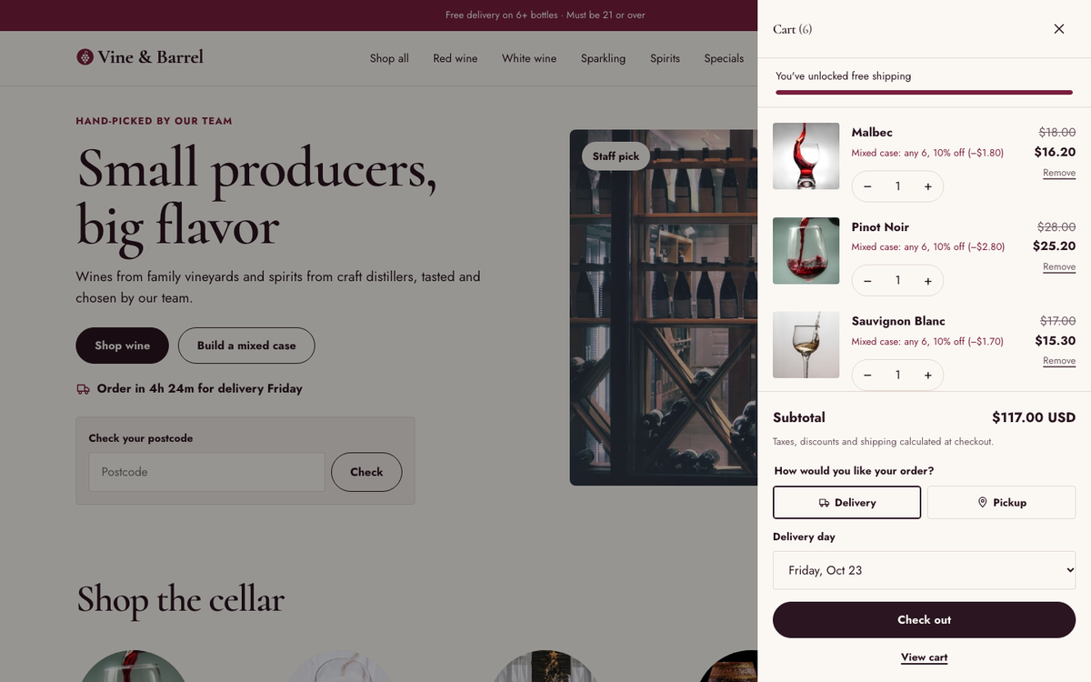 Vine & Barrel: cart with delivery or pickup and a delivery day