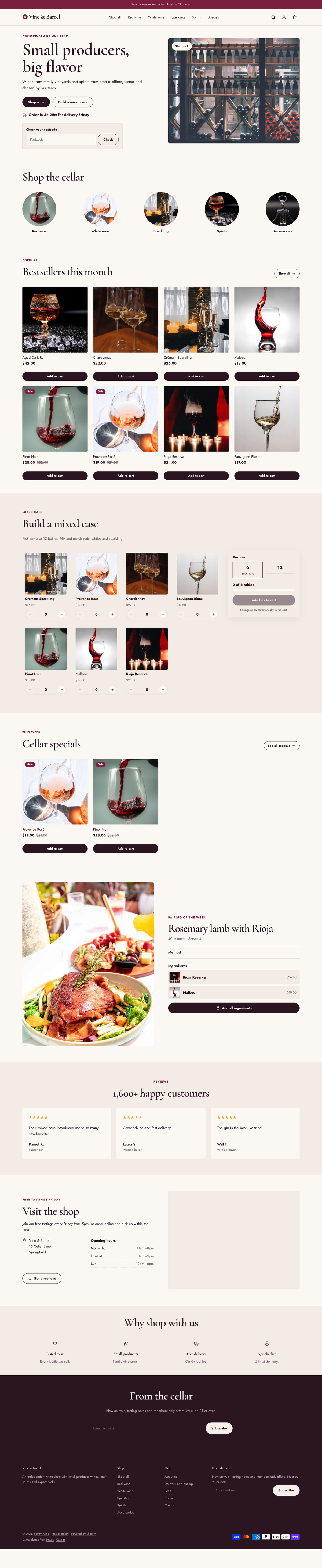 Vine & Barrel: the full homepage, top to bottom