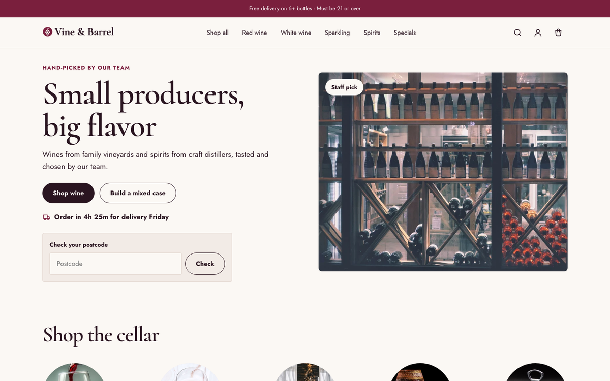 Vine & Barrel: delivery hero built with Pantry