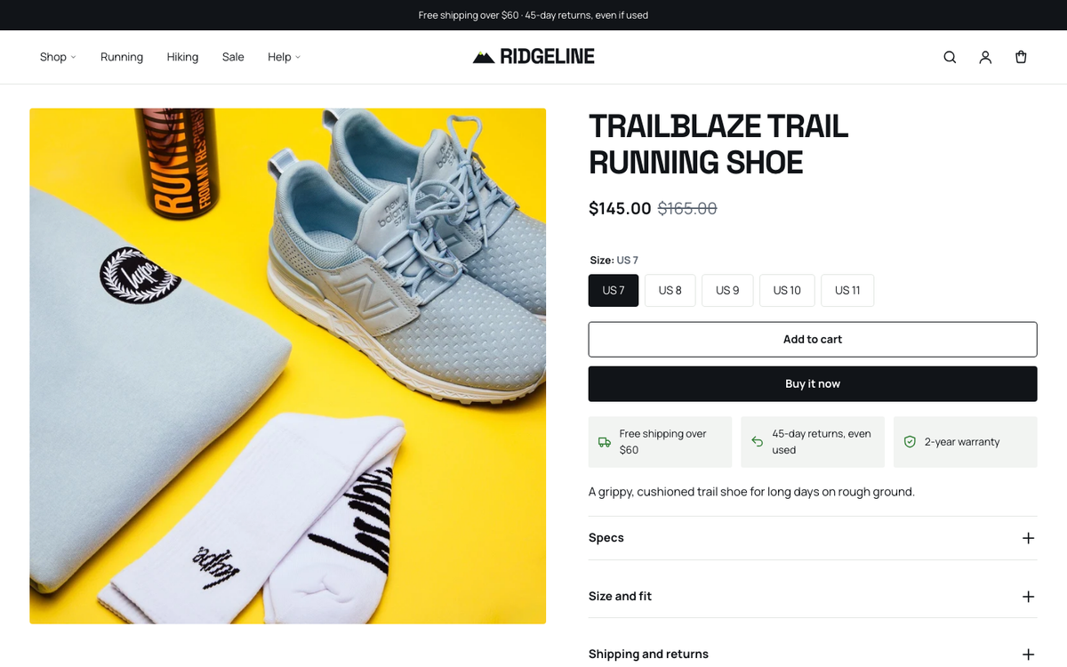 Sports product page with swatches and detail tabs