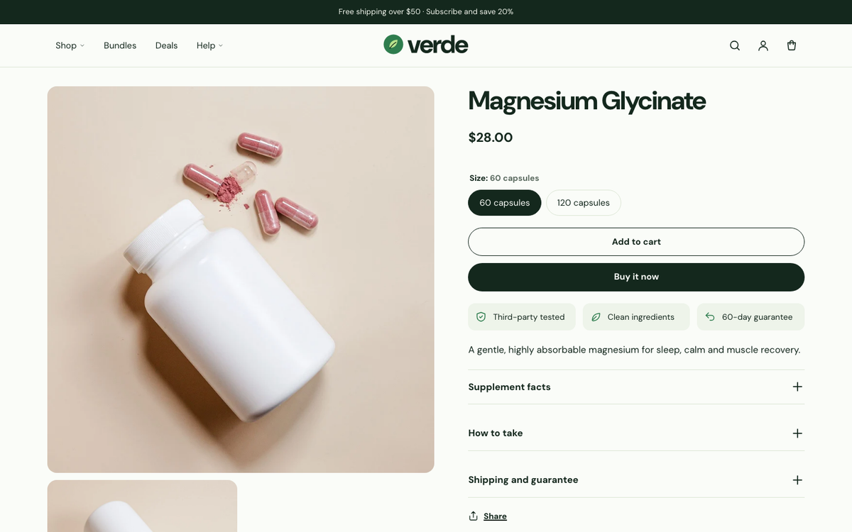 Wellness product page with swatches and detail tabs