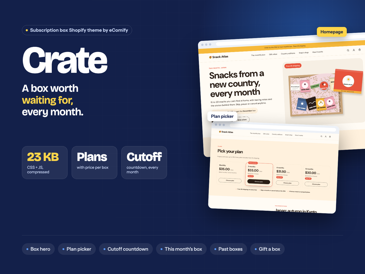 Crate: a subscription box Shopify theme with plan picker and cutoff countdown