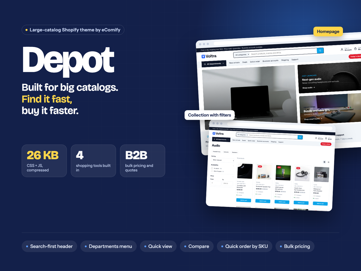 Depot: a large-catalog Shopify theme with search-first header and shopping tools