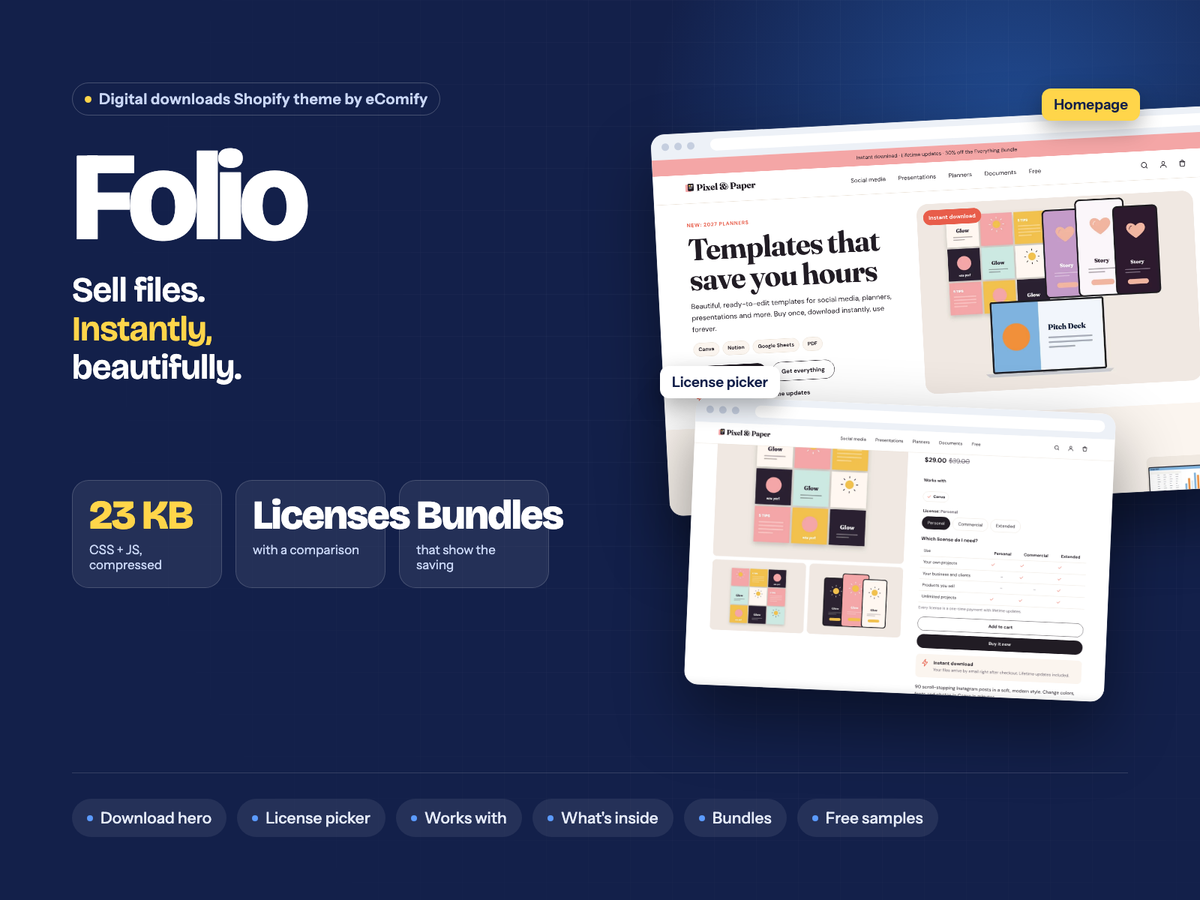 Folio: a digital downloads Shopify theme with license picker and previews