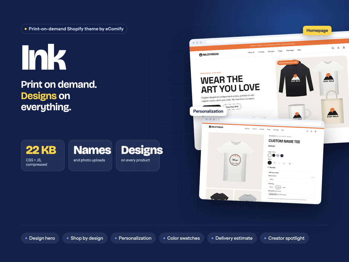 Ink: a print-on-demand Shopify theme with shop by design and personalization